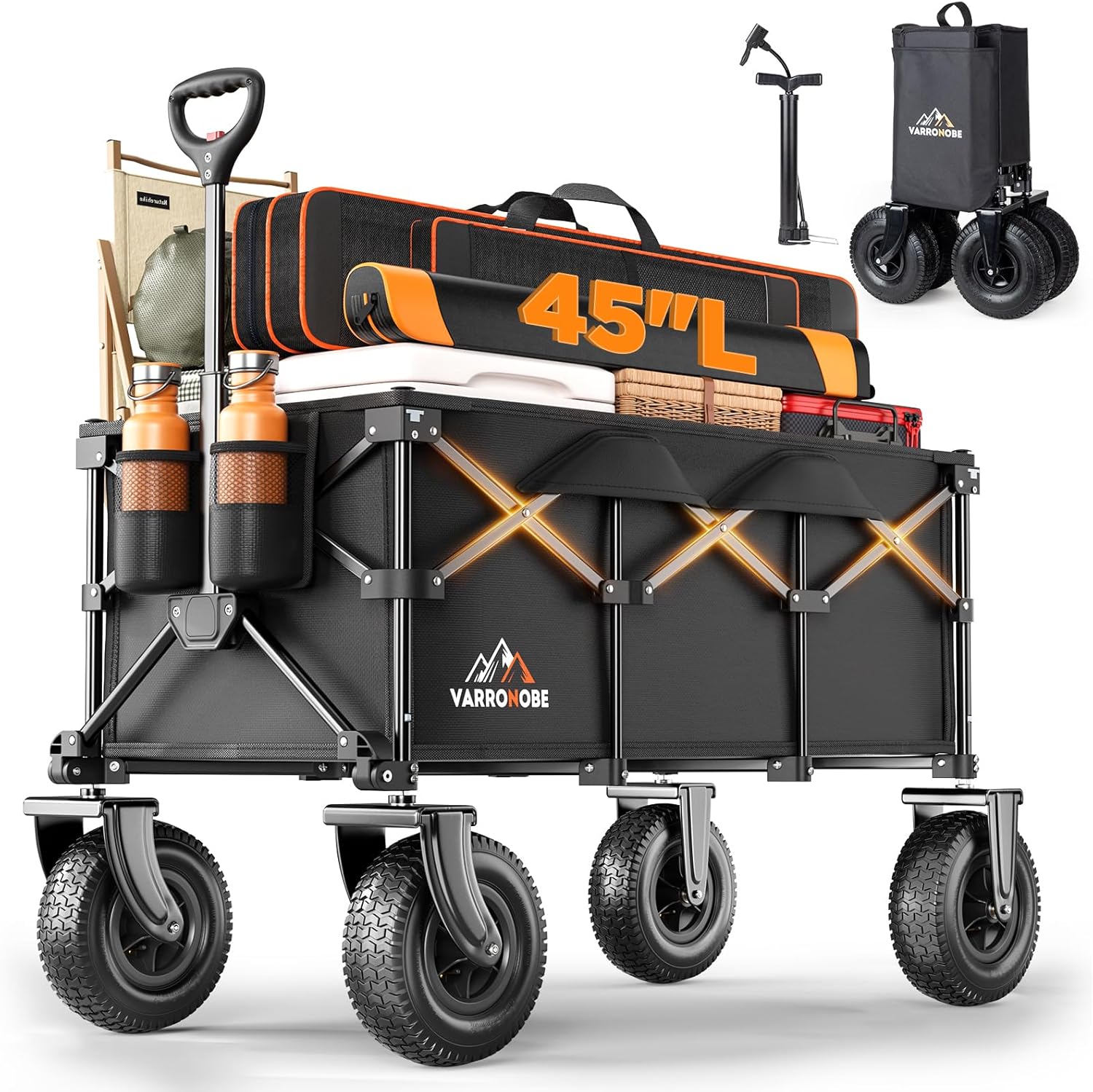 The beach wagon is specially designed for sand, grass, and mud, equipped with 10-inch wheels and 3.5-inch wide thickened treads. These features optimize tire pressure, boosting grip by 60%, reducing vibration, and minimizing resistance, ensuring smooth gliding even on rough roads. The double-layer rubber tread is both wear-resistant and puncture-proof, and an included air pump allows for unimpeded beach, camping, and other trips.With a high-quality heavy-duty metal frame, this beach wagon offers an extra-large storage space of 220 liters. The deeper and wider space measures 37.8 inches (length) x 20.1 inches (width) x 14.2 inches (height), providing ample room for all your beach essentials.