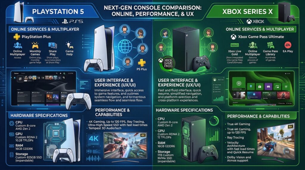PlayStation 5 and Xbox Series X Online Services, Multiplayer Capabilities, User Interface and Experience, Hardware Specifications, and Performance