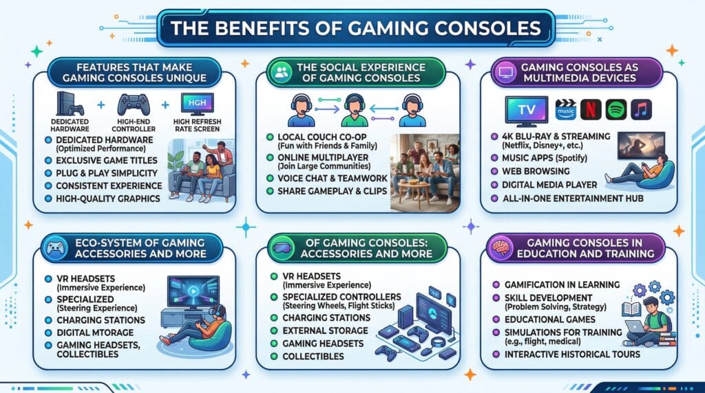 The Benefits of Gaming Consoles Features That Make Gaming Consoles Unique The Social Experience of Gaming Consoles Gaming Consoles as Multimedia Devices Eco-System of Gaming Consoles: Accessories and More Gaming Consoles in Education and Training - Enno Momentum The Benefits of Gaming Consoles Features That Make Gaming Consoles Unique The Social Experience of Gaming Consoles Gaming Consoles as Multimedia Devices Eco-System of Gaming Consoles: Accessories and More Gaming Consoles in Education and Training