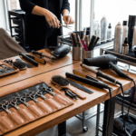 Hair-styling station with a row of scissors in a brown leather roll, brushes, and a hairdryer on a wooden table.
