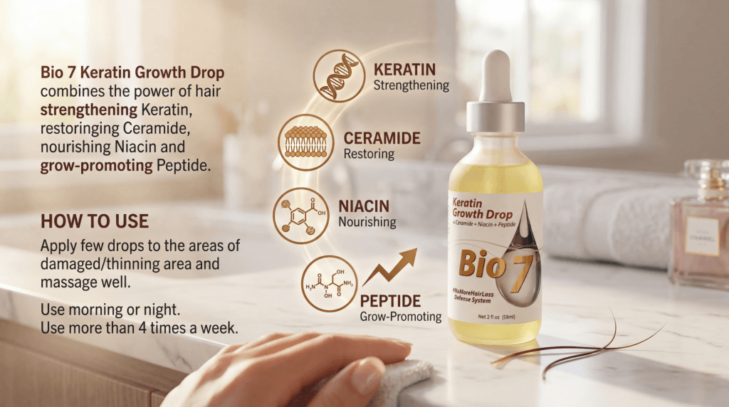 The Benefits of Bio7 Keratin Growth Drop - Enno Momentum Unlocking Hair Health: The Benefits of Bio7 Keratin Growth Drop with ingredient icons (Keratin, Ceramide, Niacin, Peptide) and usage instructions on the left; dropper bottle pictured on the right.