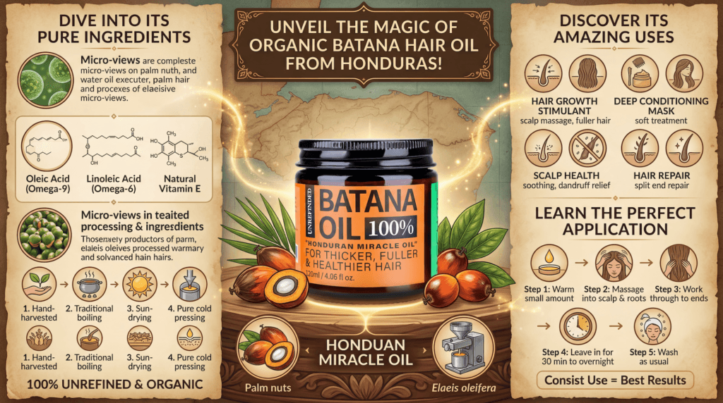 Central bottle of Batana Hair Oil with a map backdrop; side panels describe ingredients, processing steps, and uses.