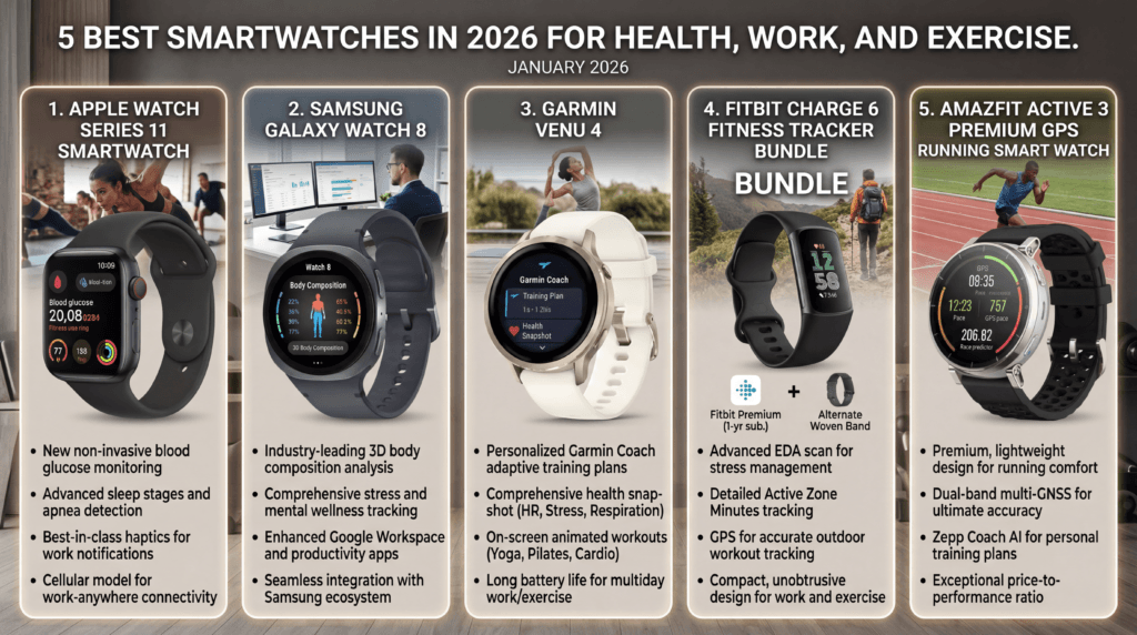 The 5 Best Smart Watches In 2026 For Health For Work And Exercise - Enno Momentum Poster-style infographic showing five smartwatch panels under a'5 Best Smartwatches in 2026' banner, featuring Apple, Samsung, Garmin, Fitbit, and Amazfit models with benefits listed on each panel.