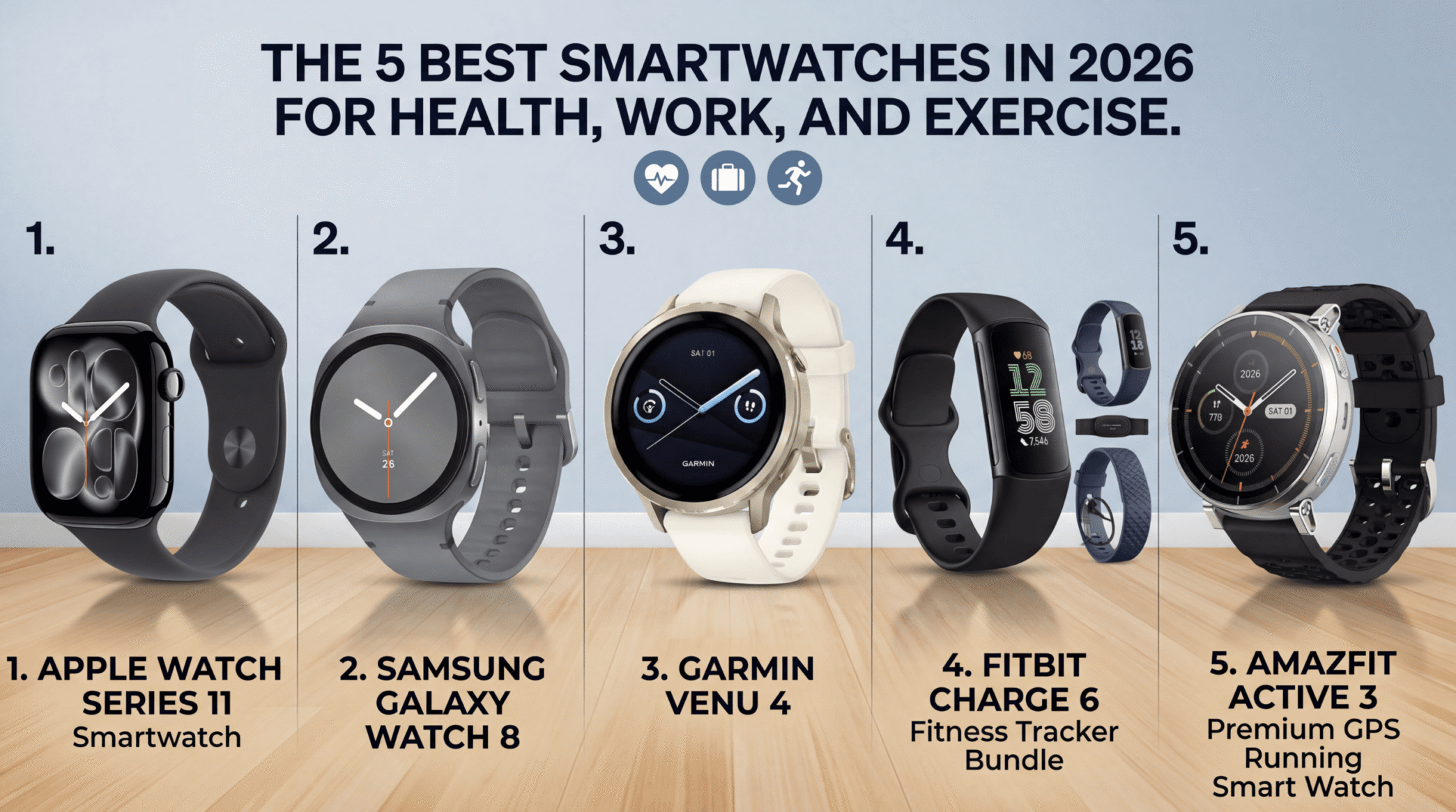 The top 5 smartwatches for health, work, and exercise in 2026 are the Apple Watch Series 11 Smartwatch, Samsung Galaxy Watch 8, Garmin Venu 4, Fitbit Charge 6 Fitness Tracker Bundle, and Amazfit Active 3 Premium GPS Running Smart Watch.
