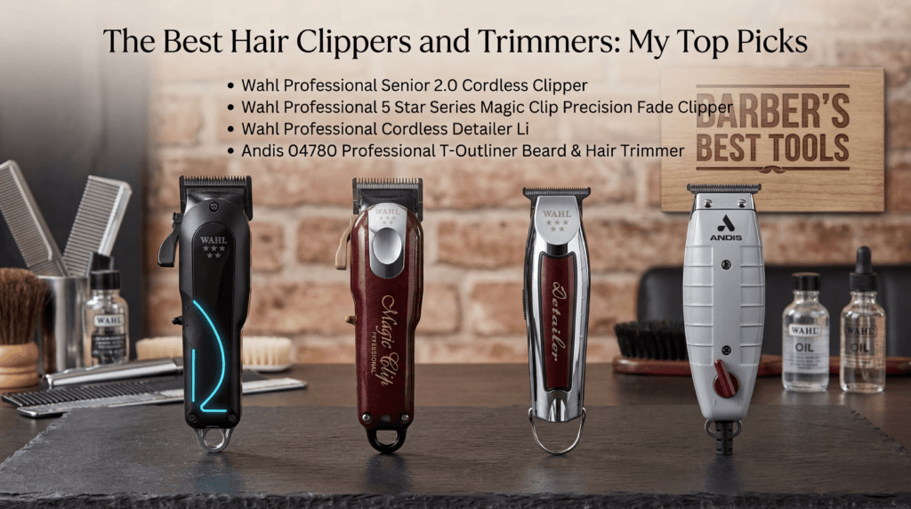 Banner showing four hair clippers on a barber station with a brick wall and a wooden sign; title reads'The Best Hair Clippers and Trimmers: My Top Picks' (blog post image).