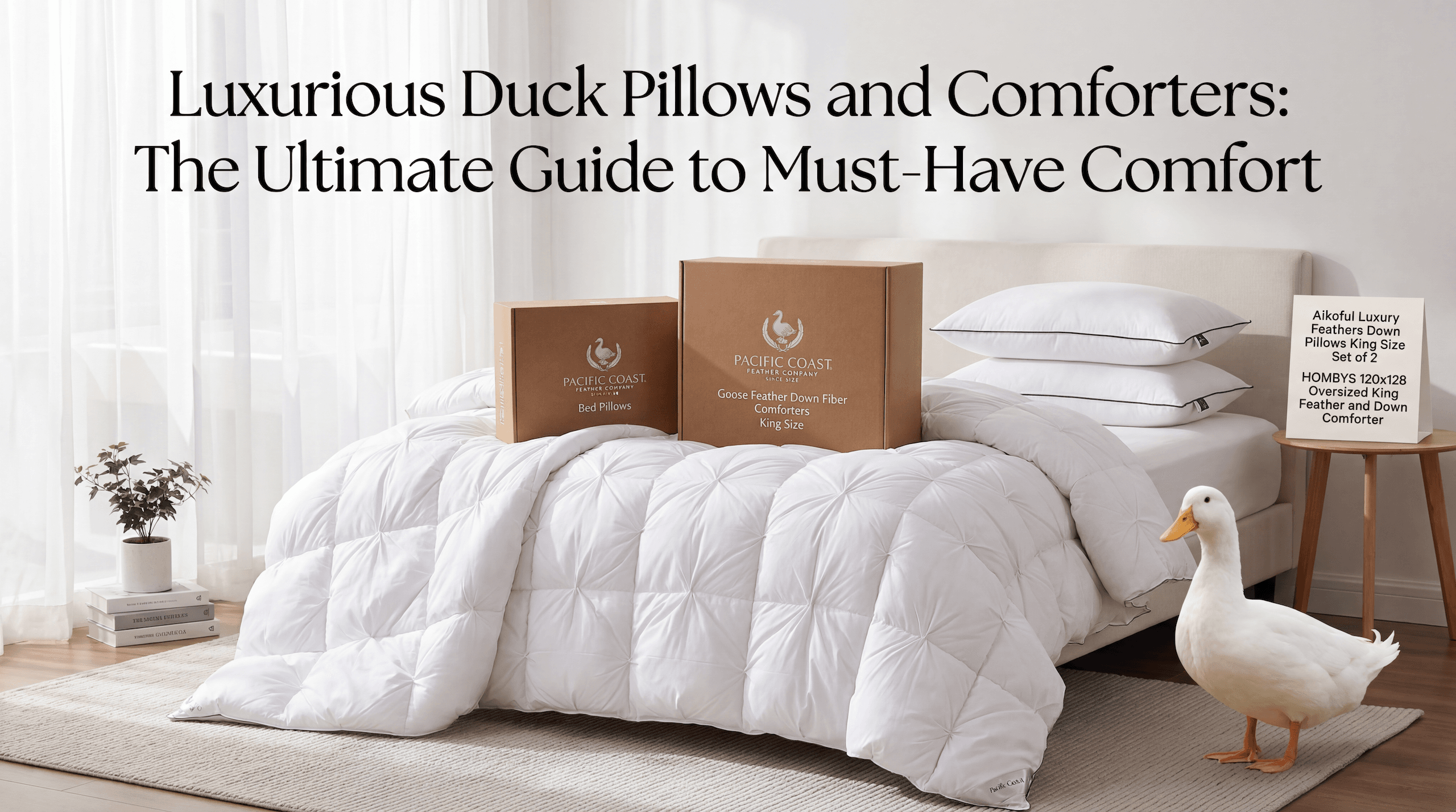 Luxurious Duck Pillows and Comforters: The Ultimate Guide to Must-Have Comfort, Aikoful Luxury Feathers Down Pillows King Size Set of 2, Pacific Coast Bed Pillow, Pacific Coast Goose Feather Down Fiber Comforters King Size, HOMBYS 120x128 Oversized King Feather and Down Comforter, White Pinch Pleat Thick Duvet Insert with 100% Cotton Cover, Oversized Extra Large Fluffy Palatial King Comforter for All Season. Have a white duck standing by the bed and Product title