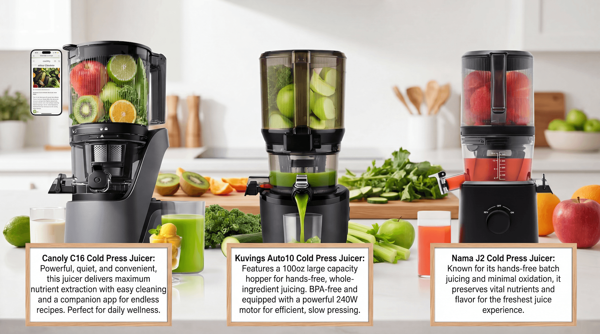 Three juicers lined up on a kitchen counter with fresh fruit and vegetables, each accompanied by a sign describing the model (Canoly C16, Kuvings Auto10, Nama J2).