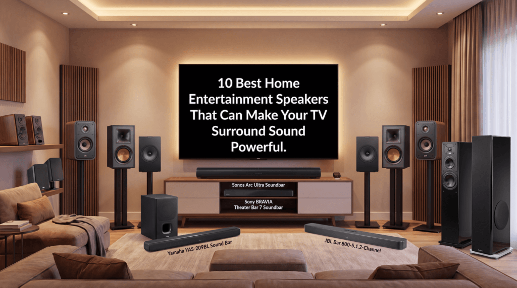 10 Best Home Entertainment Speakers That Can make Your TV Surround Sound Powerful - Enno Momentum 10 Best Home Entertainment Speakers That Can make Your TV Surround Sound Powerful, Sonos Arc Ultra Soundbar, Sony BRAVIA Theater Bar 7 Soundbar, Yamaha YAS-209BL Sound Bar With Wireless Subwoofer, Klipsch R-41M, Polk Audio T15, JBL Bar 800-5.1.2-Channel soundbar, Kef Q3 Meta, SVS Prime Satellite Speaker, Definitive Technology Dymension DM80 Flagship Tower Speaker, Edifier R1700BTs Active Bluetooth Bookshelf Speakers