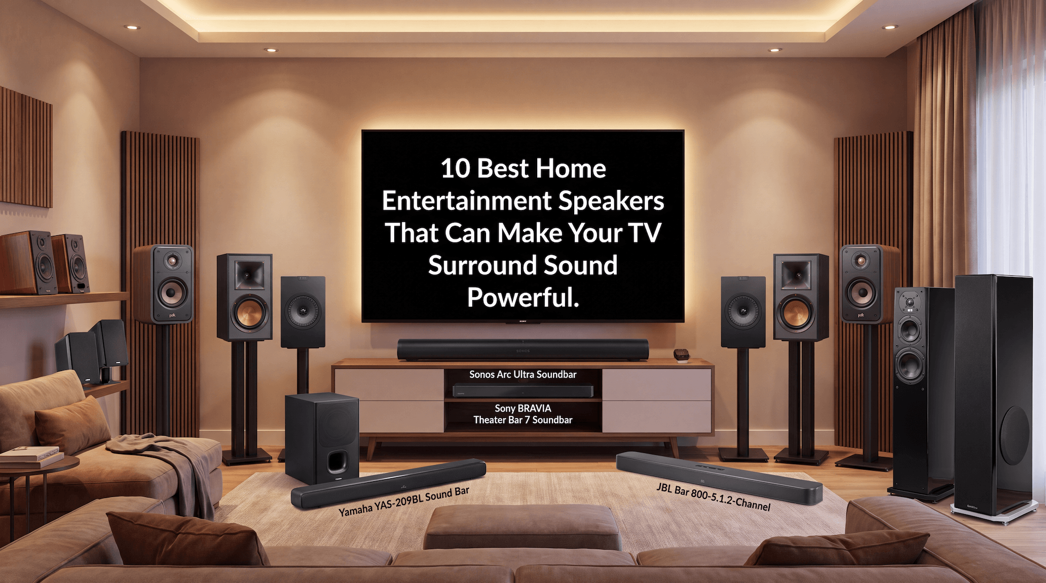 10 Best Home Entertainment Speakers That Can make Your TV Surround Sound Powerful, Sonos Arc Ultra Soundbar, Sony BRAVIA Theater Bar 7 Soundbar, Yamaha YAS-209BL Sound Bar With Wireless Subwoofer, Klipsch R-41M, Polk Audio T15, JBL Bar 800-5.1.2-Channel soundbar, Kef Q3 Meta, SVS Prime Satellite Speaker, Definitive Technology Dymension DM80 Flagship Tower Speaker, Edifier R1700BTs Active Bluetooth Bookshelf Speakers